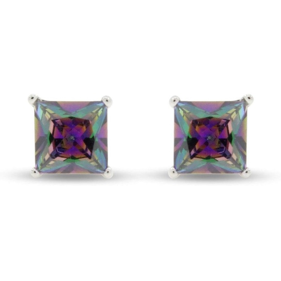 14k 925 Mystic Fire Topaz Princess Cut Solitaire Earrings - Picture 1 of 5